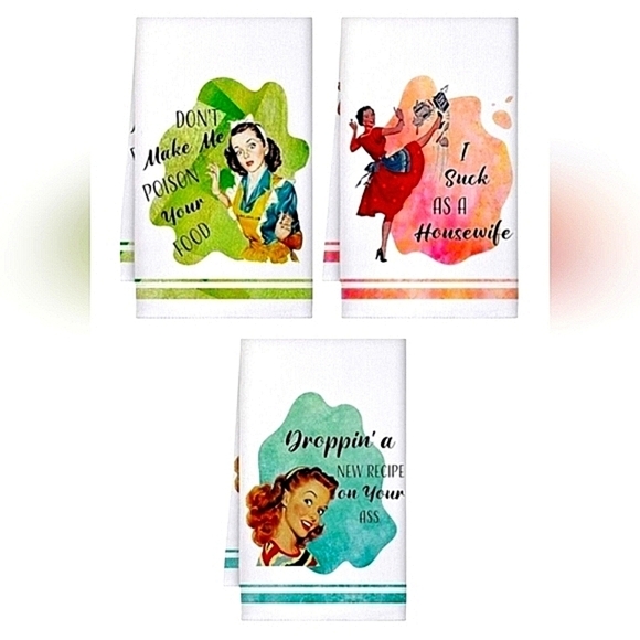 Other - Retro Style Kitchen Towel Set with Humorous "Stereotypical Wife" Prints Set Of 3